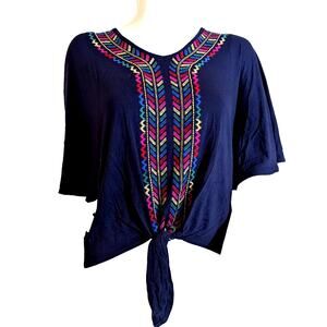 Democracy Boho Embroidered Tie-Front Top Size S Navy Festival Peasant Blouse NWT